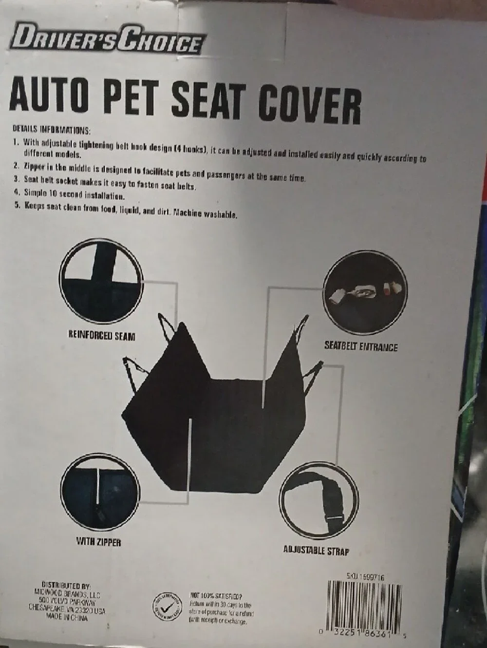 Black Auto Pet Seat Cover for Dogs
